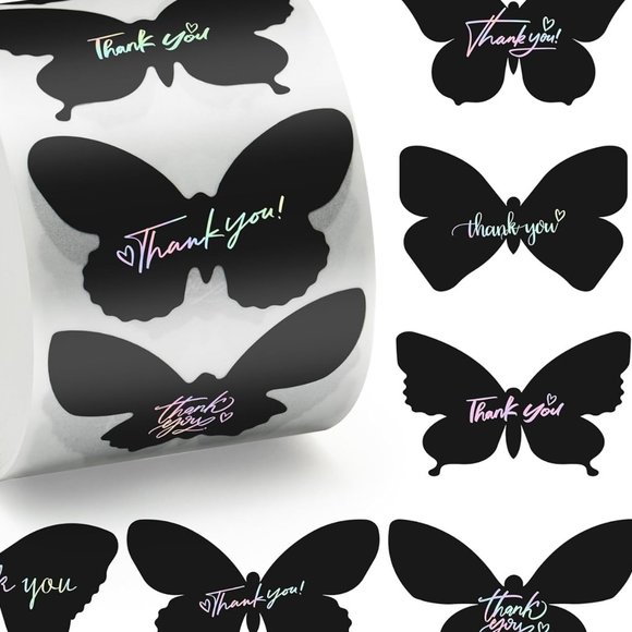 50 THANK YOU Stickers Black Holographic Butterfly 6 Designs Rainbow Foi… - Picture 2 of 7